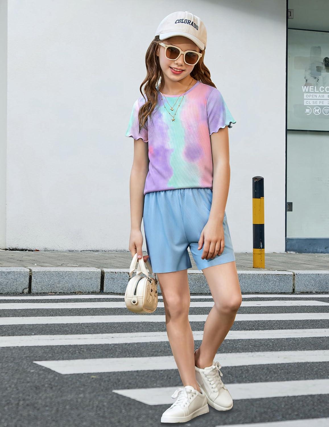 image:imageArshiner Girls Lettuce Trim Short Sleeve Shirts Summer Ribbed Knit Crewneck Casual T Shirt Tops Tee BlouseTie Dye Purple
