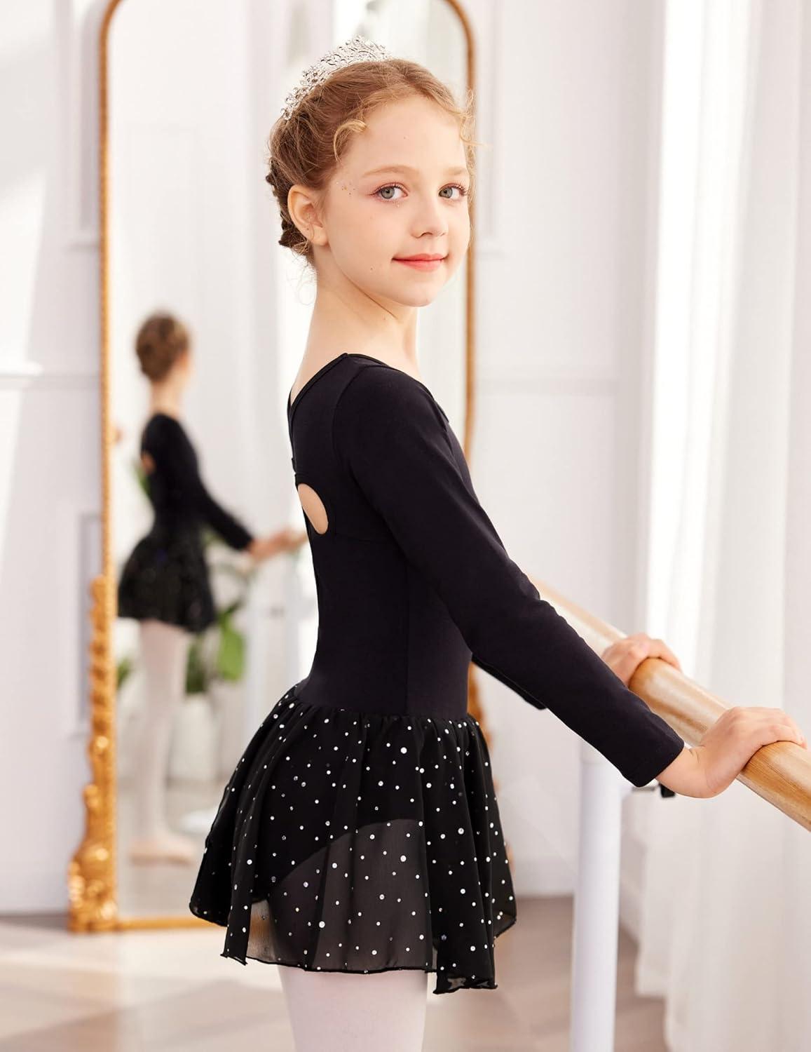 image:imageArshiner Girls Long Sleeve Ballet Leotards with Skirt Kids Hollow Back Shiny Dance Dresses