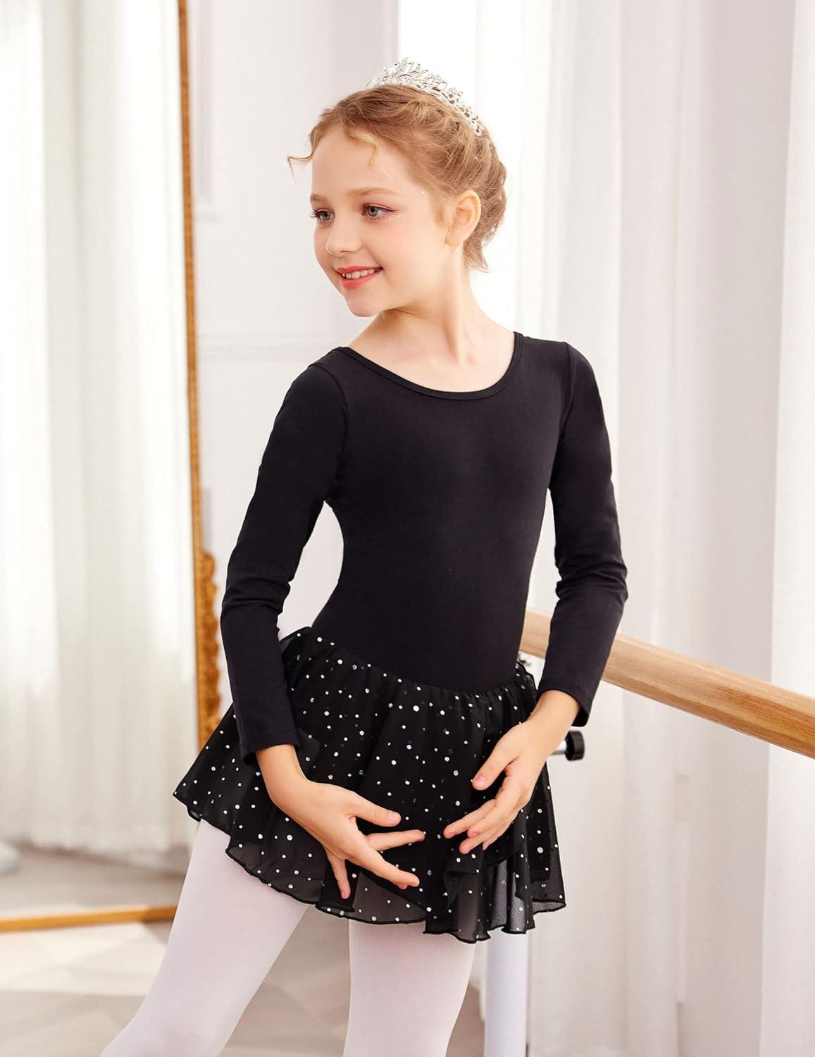 image:imageArshiner Girls Long Sleeve Ballet Leotards with Skirt Kids Hollow Back Shiny Dance Dresses