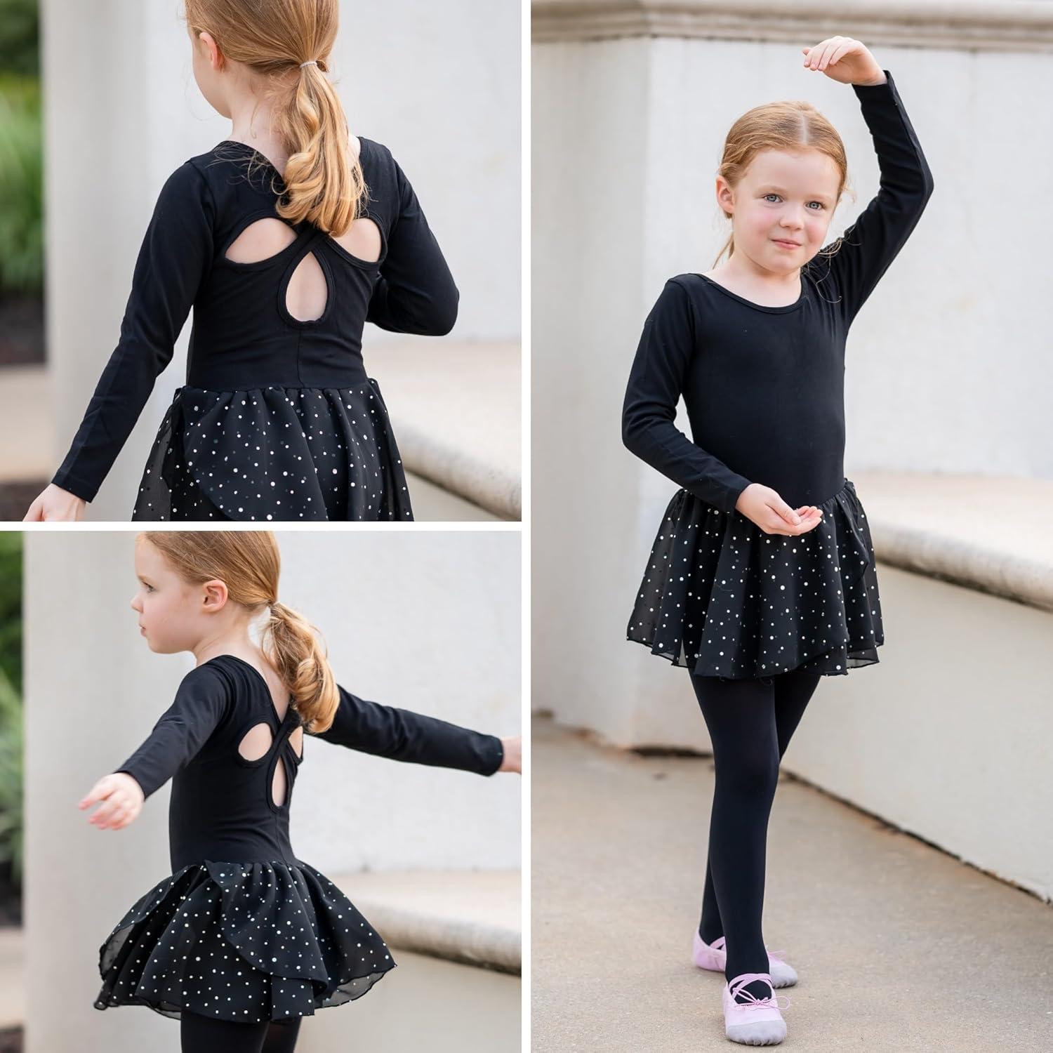 image:imageArshiner Girls Long Sleeve Ballet Leotards with Skirt Kids Hollow Back Shiny Dance Dresses