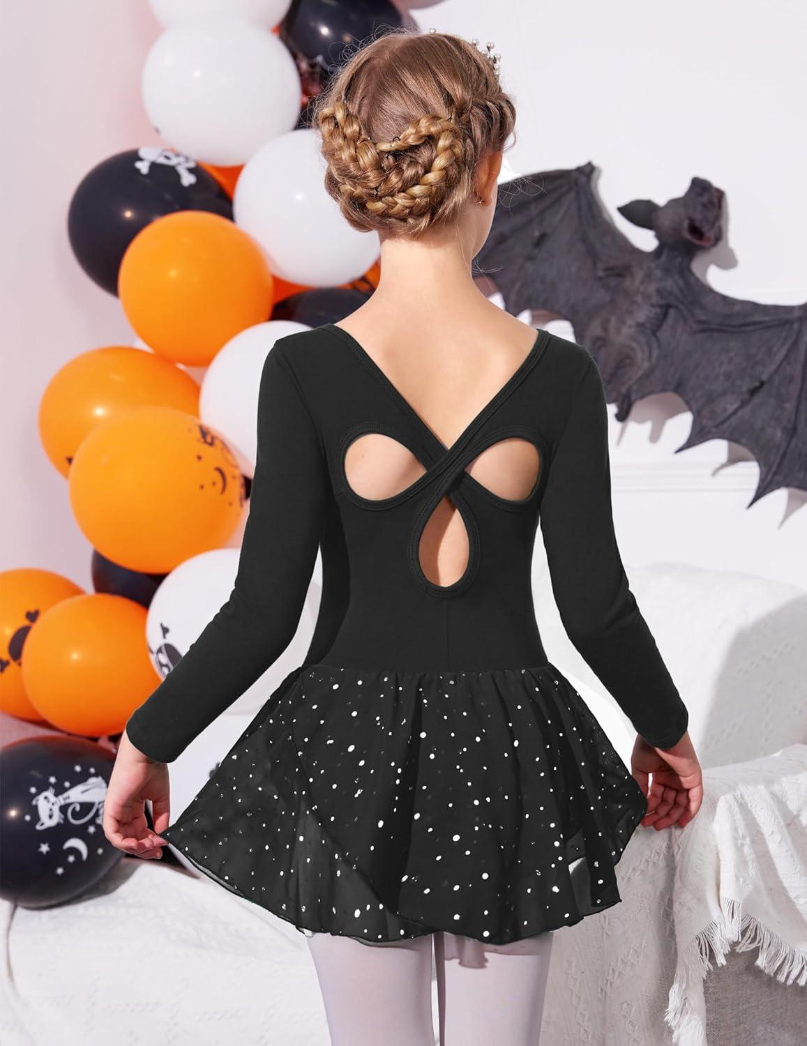 image:imageArshiner Girls Long Sleeve Ballet Leotards with Skirt Kids Hollow Back Shiny Dance Dresses