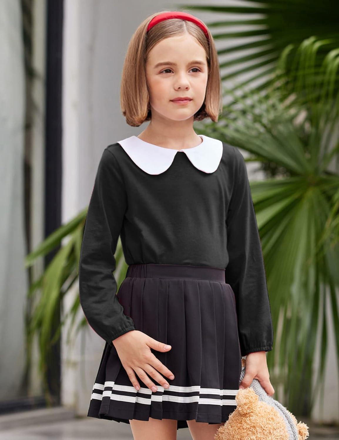 image:imageArshiner Girls LongShort Sleeve Tops Basic Peter Pan Collar TShirts Soft Blouses TeesA Black