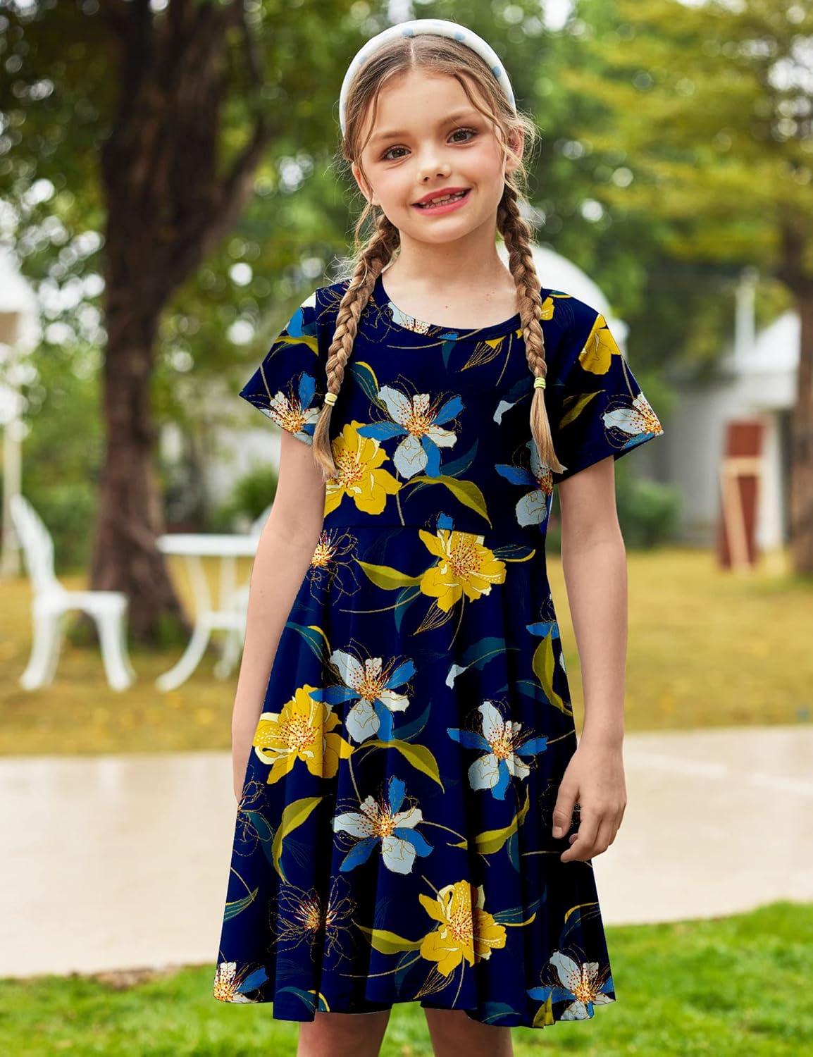 image:imageArshiner Girls Summer Dresses Short Sleeve Casual Holiday Skater Twirl Dress with PocketsFloral Navy Bluewith Pockets
