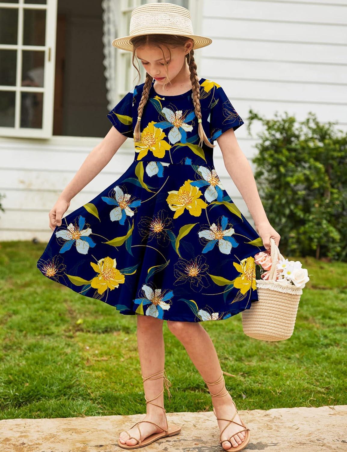 image:imageArshiner Girls Summer Dresses Short Sleeve Casual Holiday Skater Twirl Dress with PocketsFloral Navy Bluewith Pockets