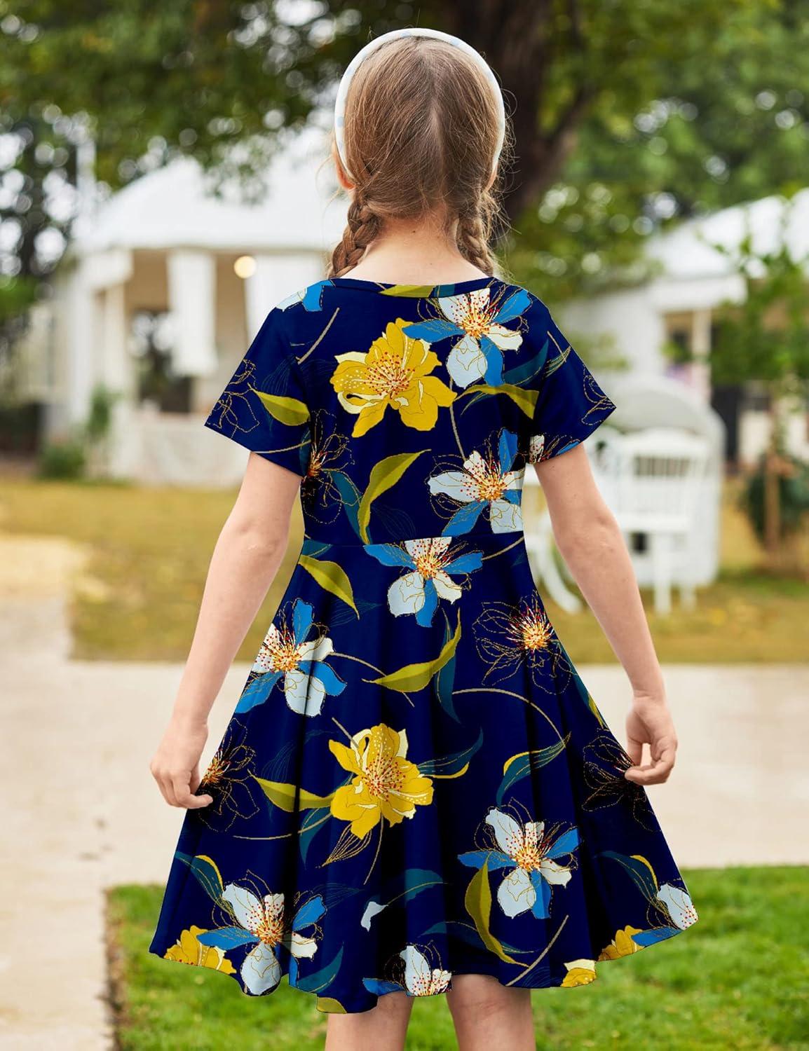 image:imageArshiner Girls Summer Dresses Short Sleeve Casual Holiday Skater Twirl Dress with PocketsFloral Navy Bluewith Pockets