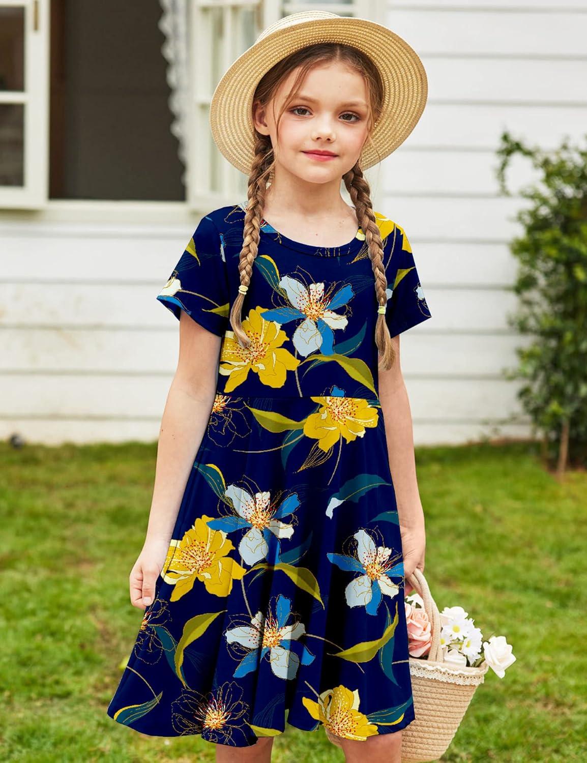 image:imageArshiner Girls Summer Dresses Short Sleeve Casual Holiday Skater Twirl Dress with PocketsFloral Navy Bluewith Pockets