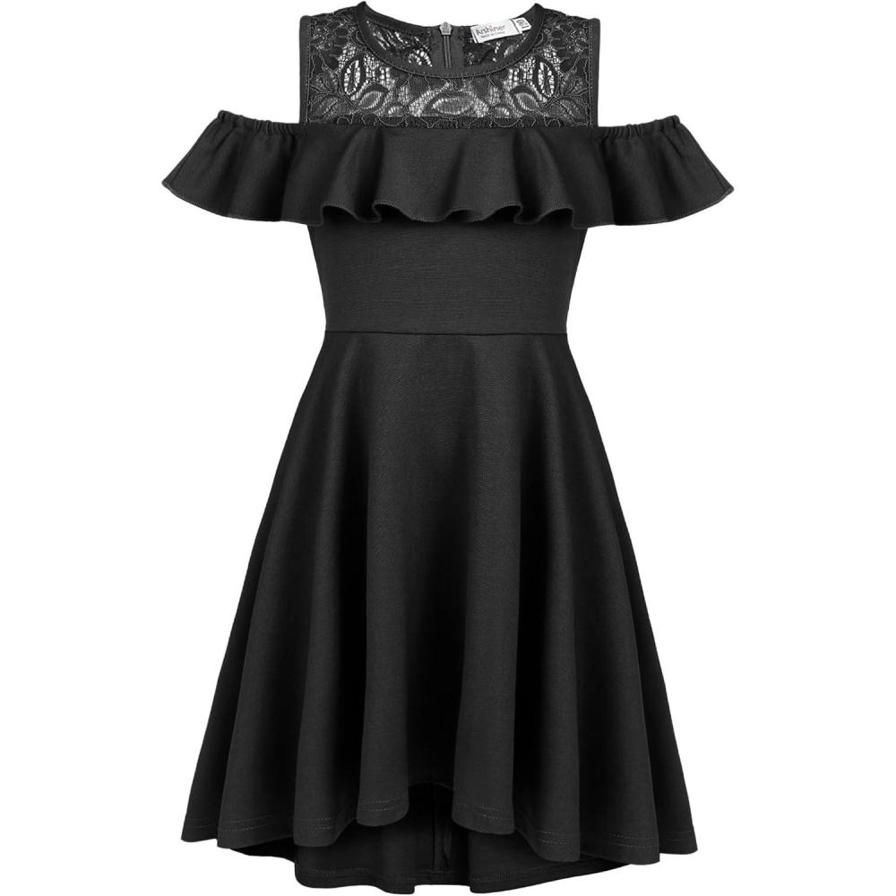 image:imageArshiner Girls Cold Shoulder Ruffle Trim ALined Lace Party Dress for Kids 512 Year