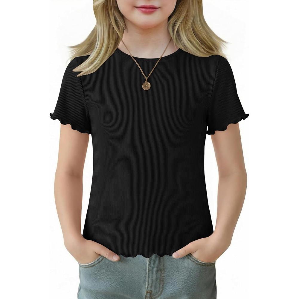 image:imageArshiner Girls Lettuce Trim Short Sleeve Shirts Summer Ribbed Knit Crewneck Casual T Shirt Tops Tee BlouseBlack