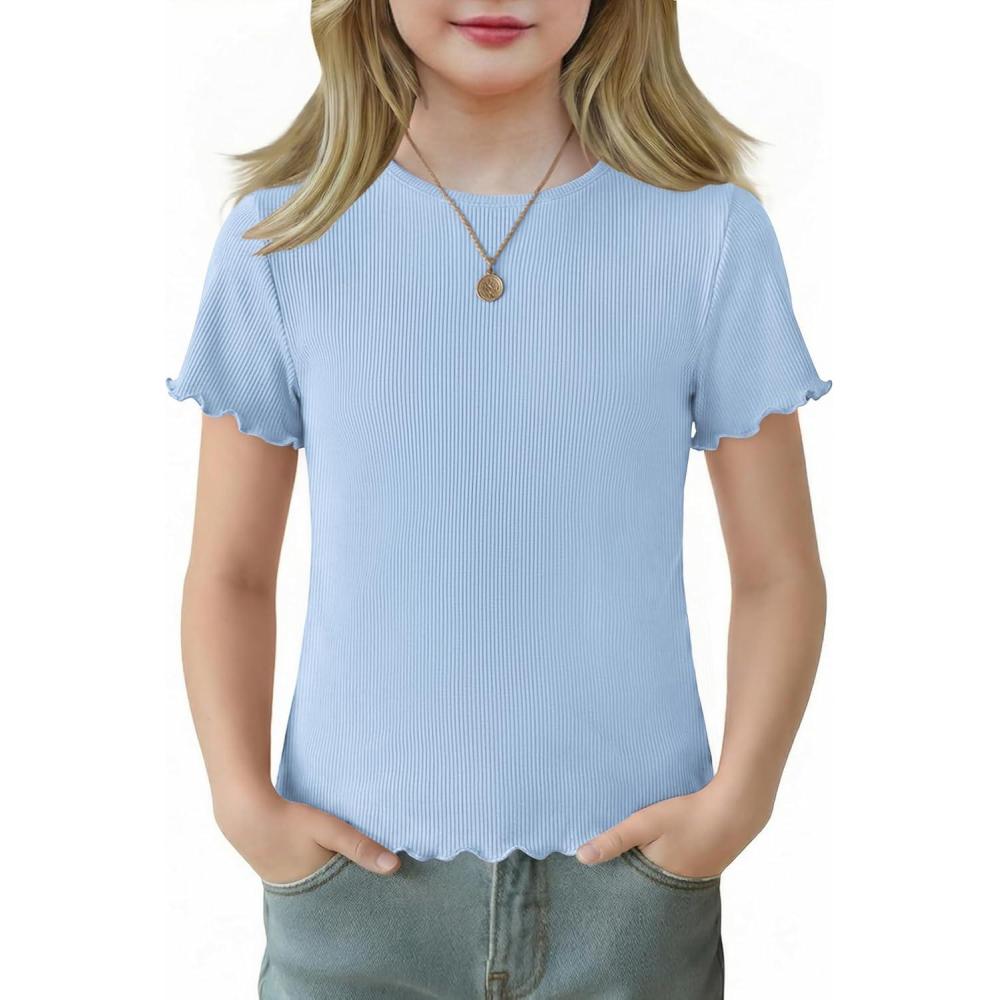 image:imageArshiner Girls Lettuce Trim Short Sleeve Shirts Summer Ribbed Knit Crewneck Casual T Shirt Tops Tee BlouseLight Blue
