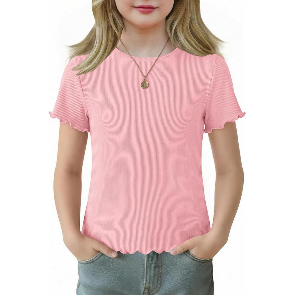 image:imageArshiner Girls Lettuce Trim Short Sleeve Shirts Summer Ribbed Knit Crewneck Casual T Shirt Tops Tee BlouseLight Pink