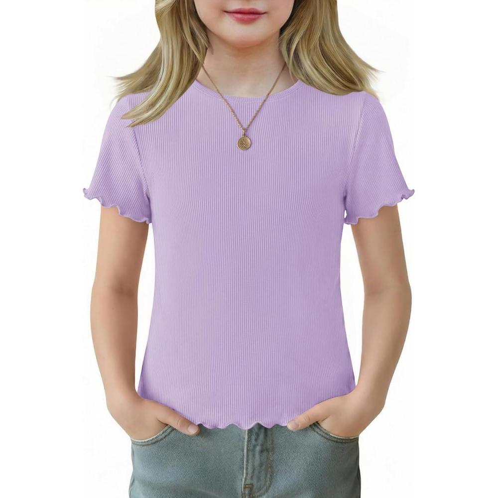 image:imageArshiner Girls Lettuce Trim Short Sleeve Shirts Summer Ribbed Knit Crewneck Casual T Shirt Tops Tee BlousePurple