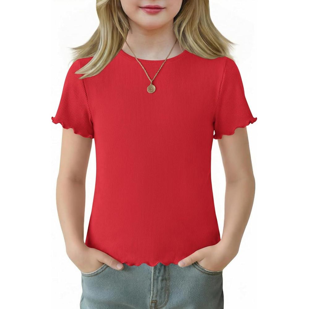image:imageArshiner Girls Lettuce Trim Short Sleeve Shirts Summer Ribbed Knit Crewneck Casual T Shirt Tops Tee BlouseRed