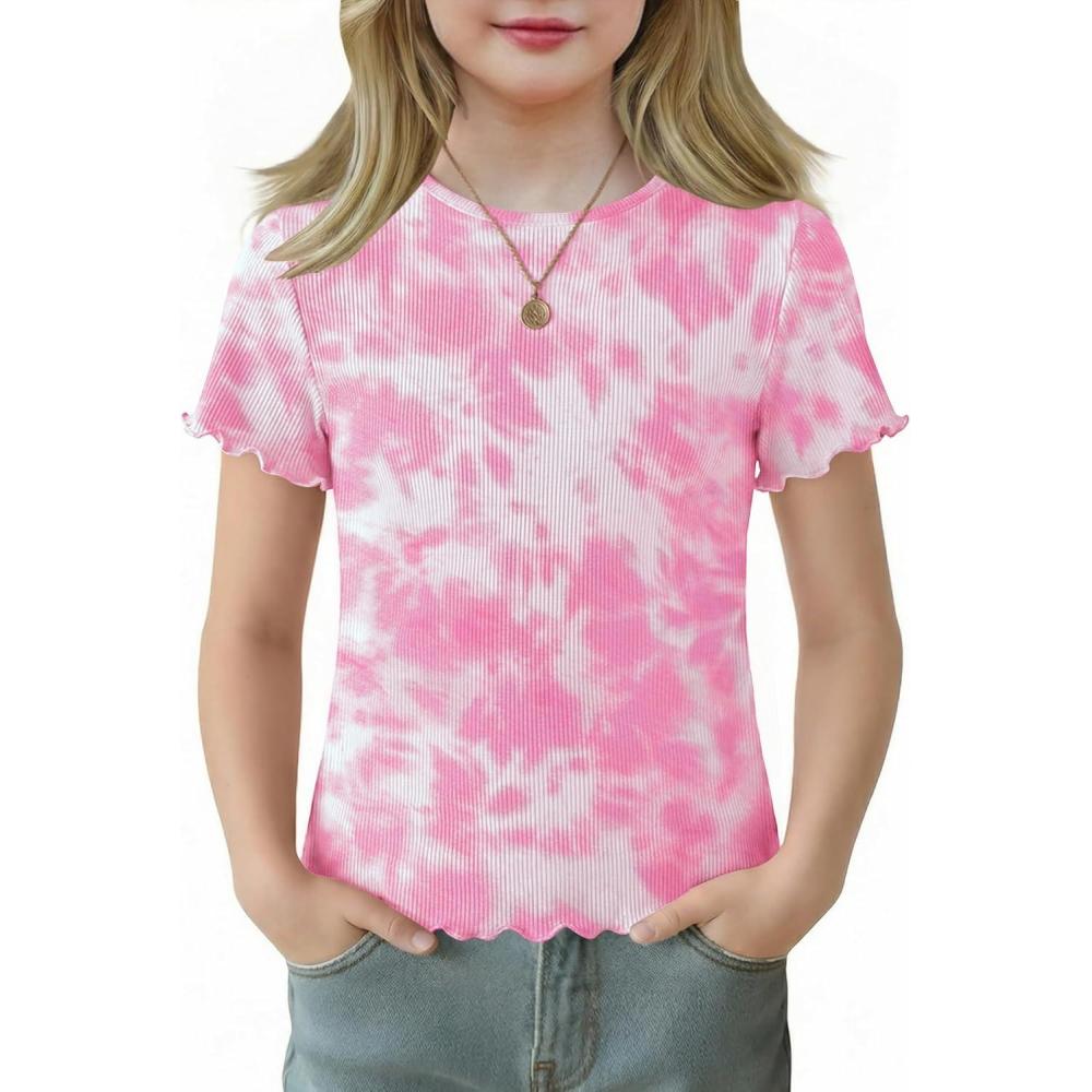 image:imageArshiner Girls Lettuce Trim Short Sleeve Shirts Summer Ribbed Knit Crewneck Casual T Shirt Tops Tee BlouseTie Dye Pink