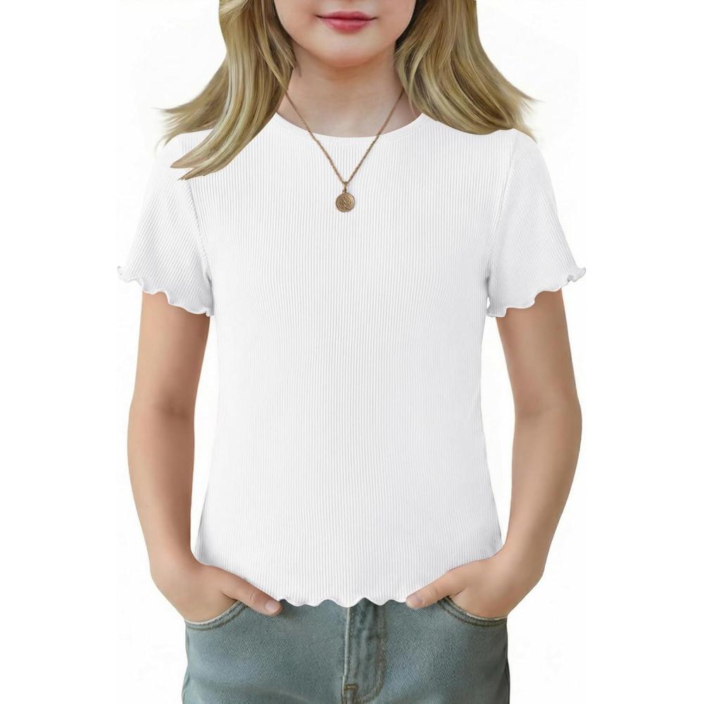 image:imageArshiner Girls Lettuce Trim Short Sleeve Shirts Summer Ribbed Knit Crewneck Casual T Shirt Tops Tee BlouseWhite