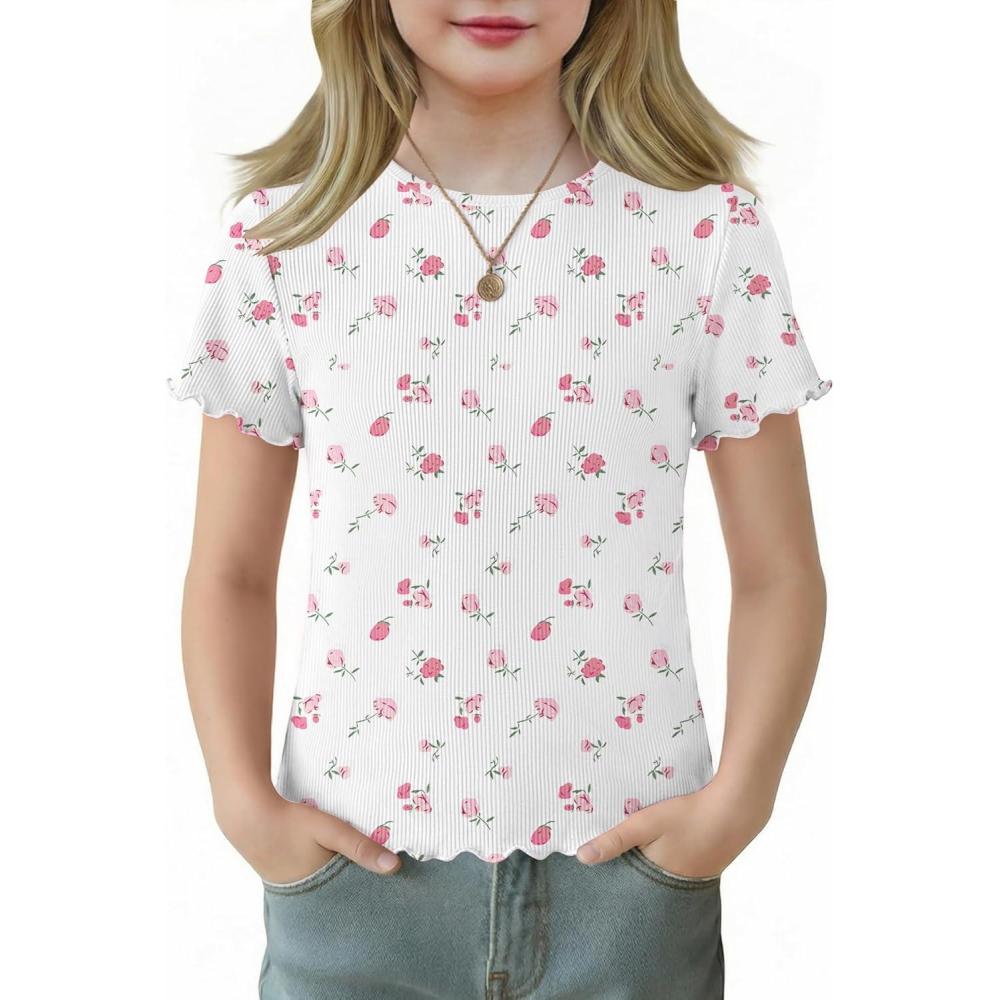 image:imageArshiner Girls Lettuce Trim Short Sleeve Shirts Summer Ribbed Knit Crewneck Casual T Shirt Tops Tee BlouseWhite Pink Flower