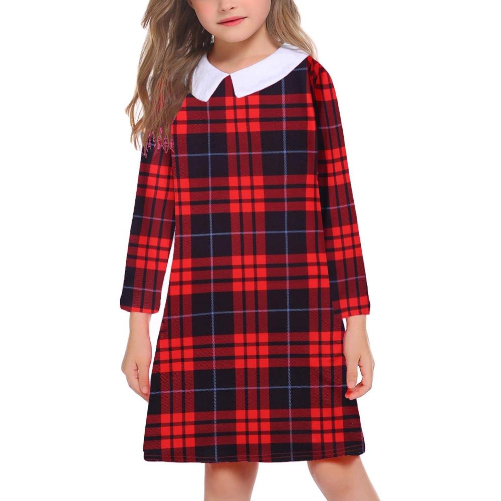 image:imageArshiner Girls Long Sleeve Vintage Peter Pan Collar TShirt Dress Age 413 YearsRed Plaid