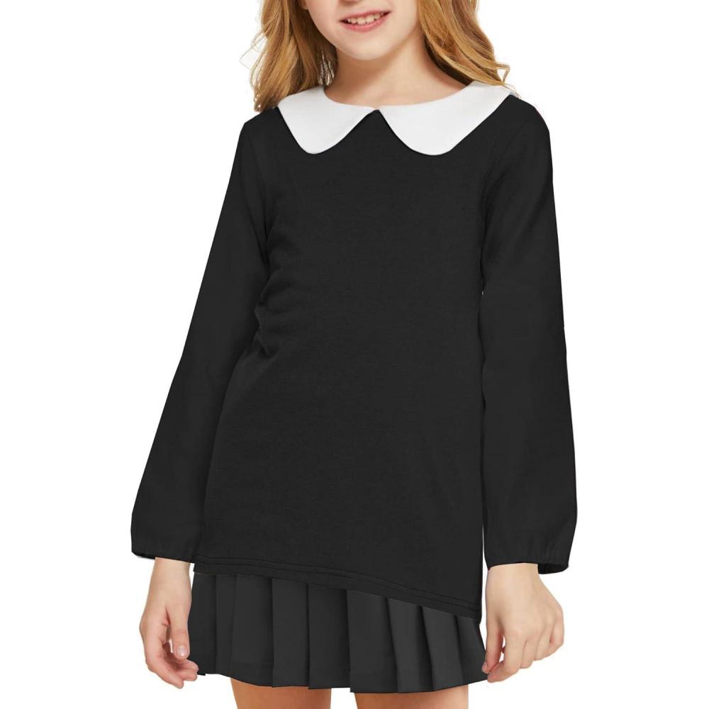 image:imageArshiner Girls LongShort Sleeve Tops Basic Peter Pan Collar TShirts Soft Blouses TeesA Black