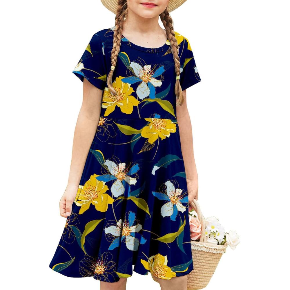 image:imageArshiner Girls Summer Dresses Short Sleeve Casual Holiday Skater Twirl Dress with PocketsFloral Navy Bluewith Pockets