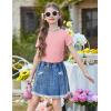 Arshiner Girls Lettuce Trim Short Sleeve Shirts Summer Ribbed Knit Crewneck Casual T Shirt Tops Tee Blouse(Light Pink)