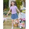 Arshiner Girls Lettuce Trim Short Sleeve Shirts Summer Ribbed Knit Crewneck Casual T Shirt Tops Tee Blouse(Purple)