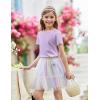 Arshiner Girls Lettuce Trim Short Sleeve Shirts Summer Ribbed Knit Crewneck Casual T Shirt Tops Tee Blouse(Purple)