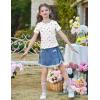 Arshiner Girls Lettuce Trim Short Sleeve Shirts Summer Ribbed Knit Crewneck Casual T Shirt Tops Tee Blouse(White Pink Flower)