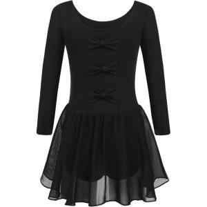 Arshiner Ballet Dance Leotard for Little Girls Long Sleeve Bow Back Chiffon Tutu Skirted Princess Ballerina Outfit Black Size 4-5 Years