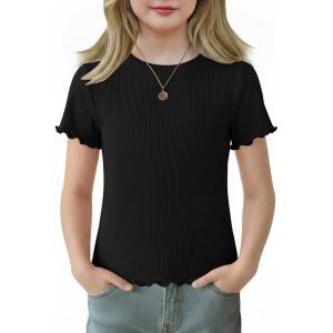 Arshiner Girls Lettuce Trim Short Sleeve Shirts Summer Ribbed Knit Crewneck Casual T Shirt Tops Tee Blouse(Black)