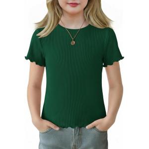 Arshiner Girls Lettuce Trim Short Sleeve Shirts Summer Ribbed Knit Crewneck Casual T Shirt Tops Tee Blouse(Green)