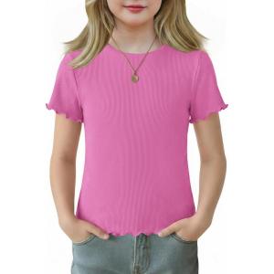 Arshiner Girls Lettuce Trim Short Sleeve Shirts Summer Ribbed Knit Crewneck Casual T Shirt Tops Tee Blouse(Hot Pink)