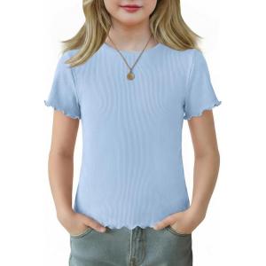 Arshiner Girls Lettuce Trim Short Sleeve Shirts Summer Ribbed Knit Crewneck Casual T Shirt Tops Tee Blouse(Light Blue)