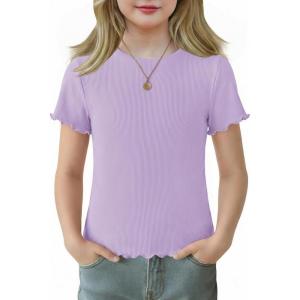 Arshiner Girls Lettuce Trim Short Sleeve Shirts Summer Ribbed Knit Crewneck Casual T Shirt Tops Tee Blouse(Purple)