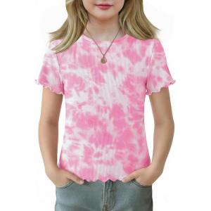 Arshiner Girls Lettuce Trim Short Sleeve Shirts Summer Ribbed Knit Crewneck Casual T Shirt Tops Tee Blouse(Tie Dye Pink)