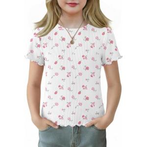 Arshiner Girls Lettuce Trim Short Sleeve Shirts Summer Ribbed Knit Crewneck Casual T Shirt Tops Tee Blouse(White Pink Flower)