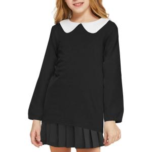 Arshiner Girls Long/Short Sleeve Tops Basic Peter Pan Collar T-Shirts Soft Blouses Tees(A Black)