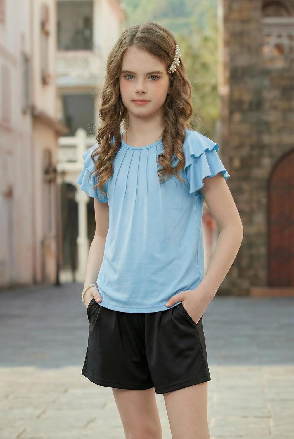 image:imageArshiner Girls 2 Piece Outfits Summer Ruffle Sleeve Top and Paperbag Waist Shorts Set with Pockets Size 513 YearsBlue