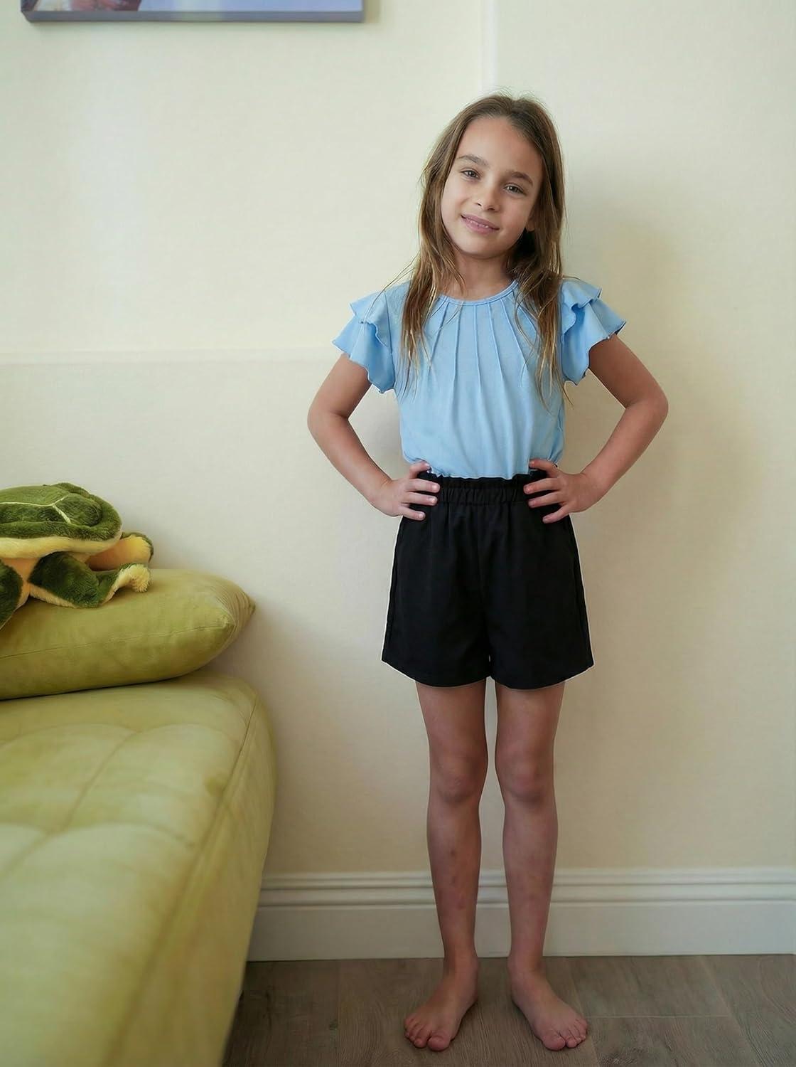 image:imageArshiner Girls 2 Piece Outfits Summer Ruffle Sleeve Top and Paperbag Waist Shorts Set with Pockets Size 513 YearsBlue