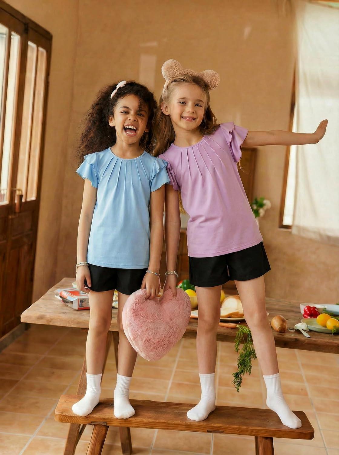 image:imageArshiner Girls 2 Piece Outfits Summer Ruffle Sleeve Top and Paperbag Waist Shorts Set with Pockets Size 513 YearsBlue