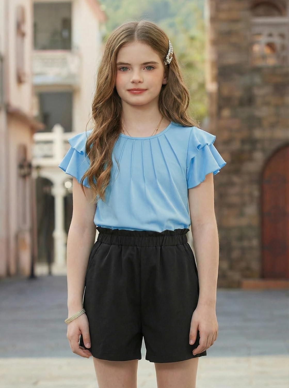 image:imageArshiner Girls 2 Piece Outfits Summer Ruffle Sleeve Top and Paperbag Waist Shorts Set with Pockets Size 513 YearsBlue
