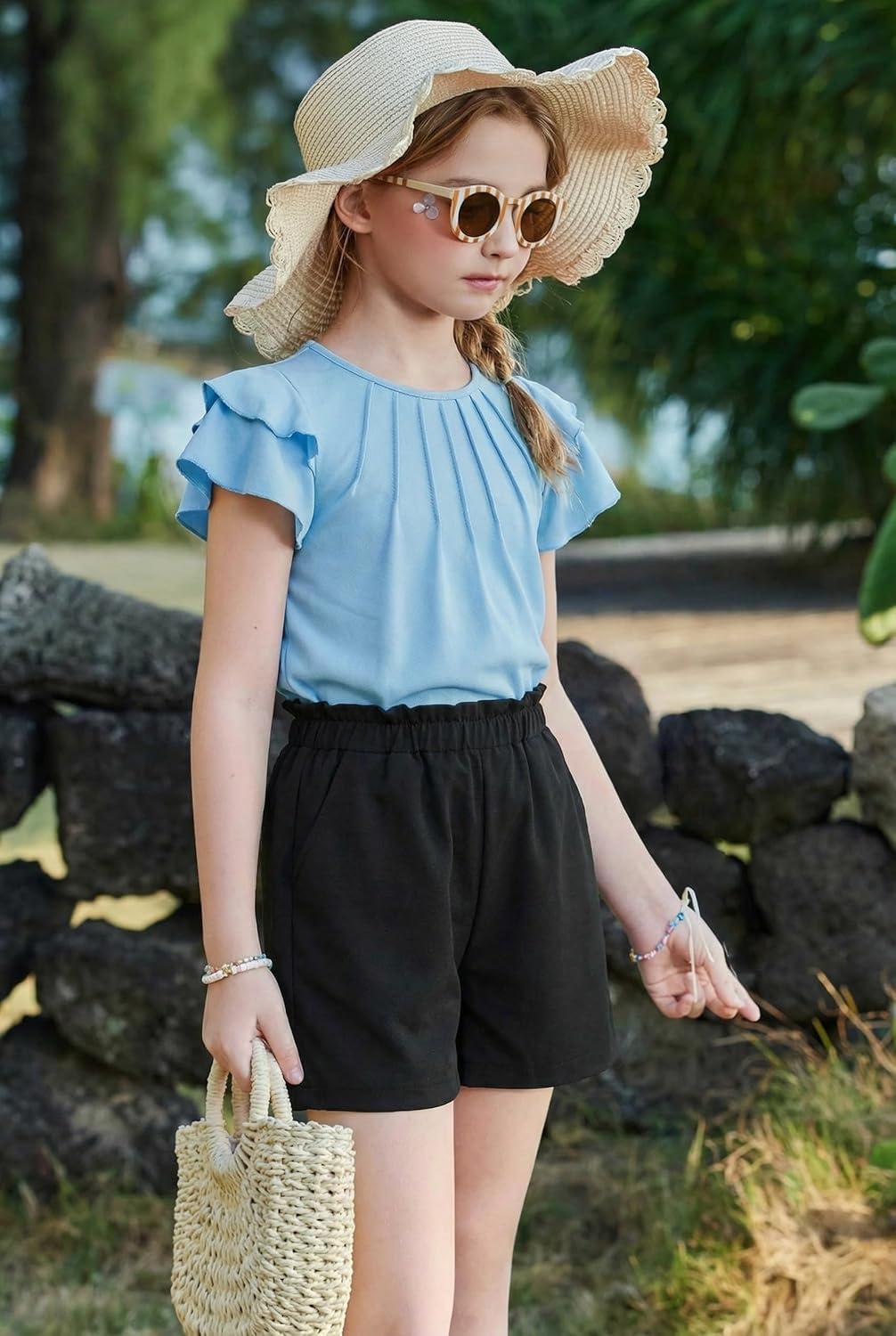 image:imageArshiner Girls 2 Piece Outfits Summer Ruffle Sleeve Top and Paperbag Waist Shorts Set with Pockets Size 513 YearsBlue