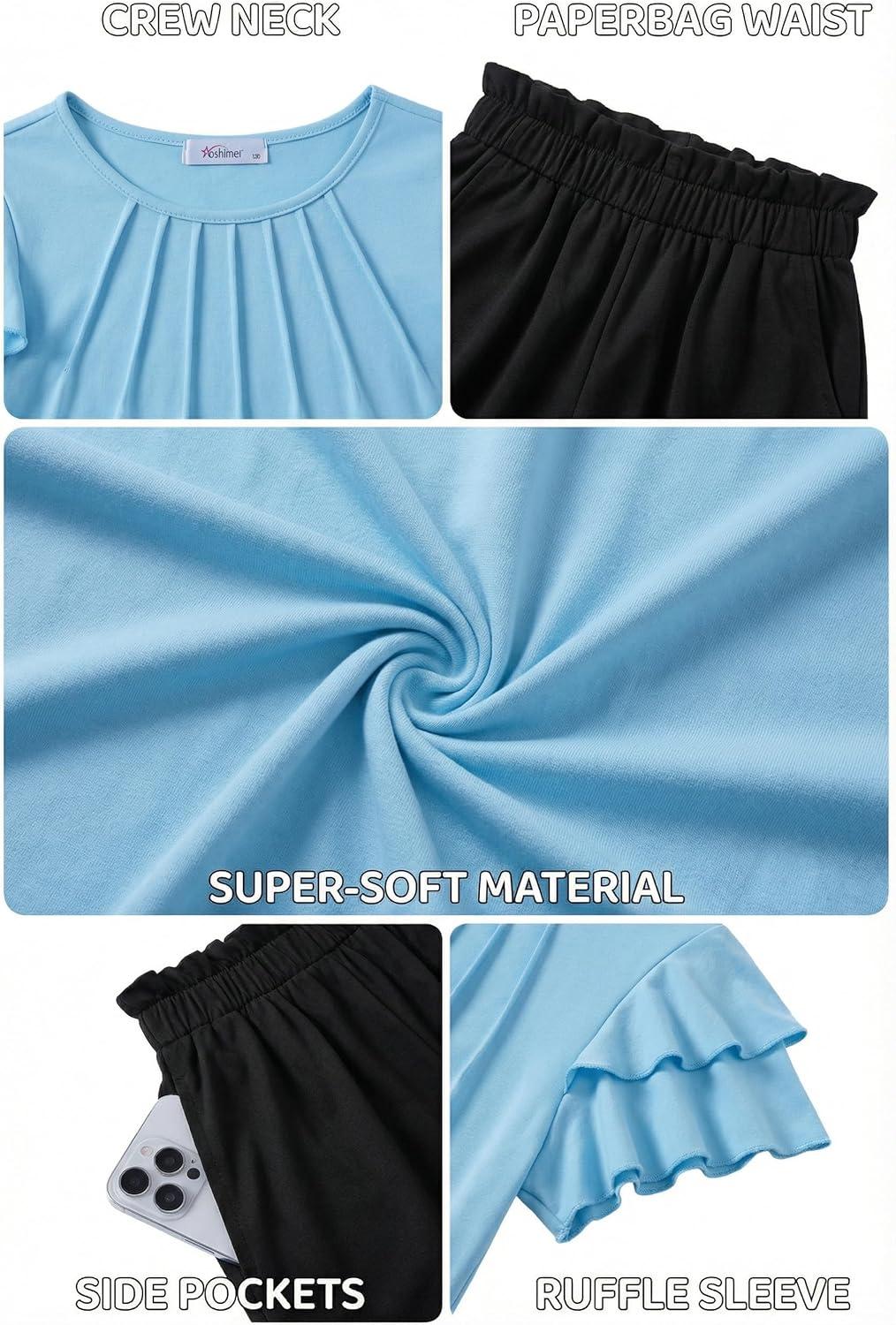 image:imageArshiner Girls 2 Piece Outfits Summer Ruffle Sleeve Top and Paperbag Waist Shorts Set with Pockets Size 513 YearsBlue