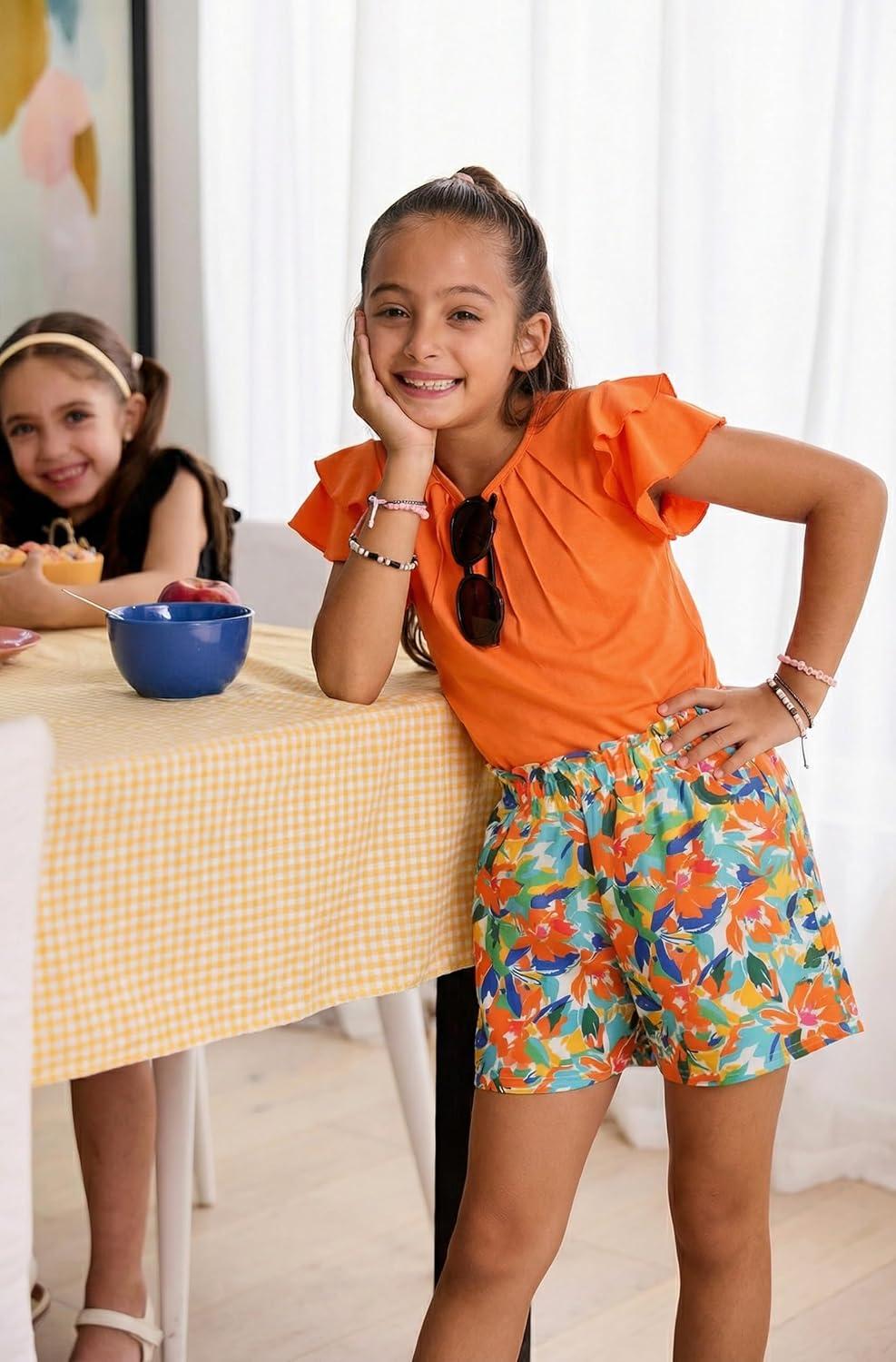 image:imageArshiner Girls 2 Piece Outfits Summer Ruffle Sleeve Top and Paperbag Waist Shorts Set with Pockets Size 513 YearsOrange Hawaii