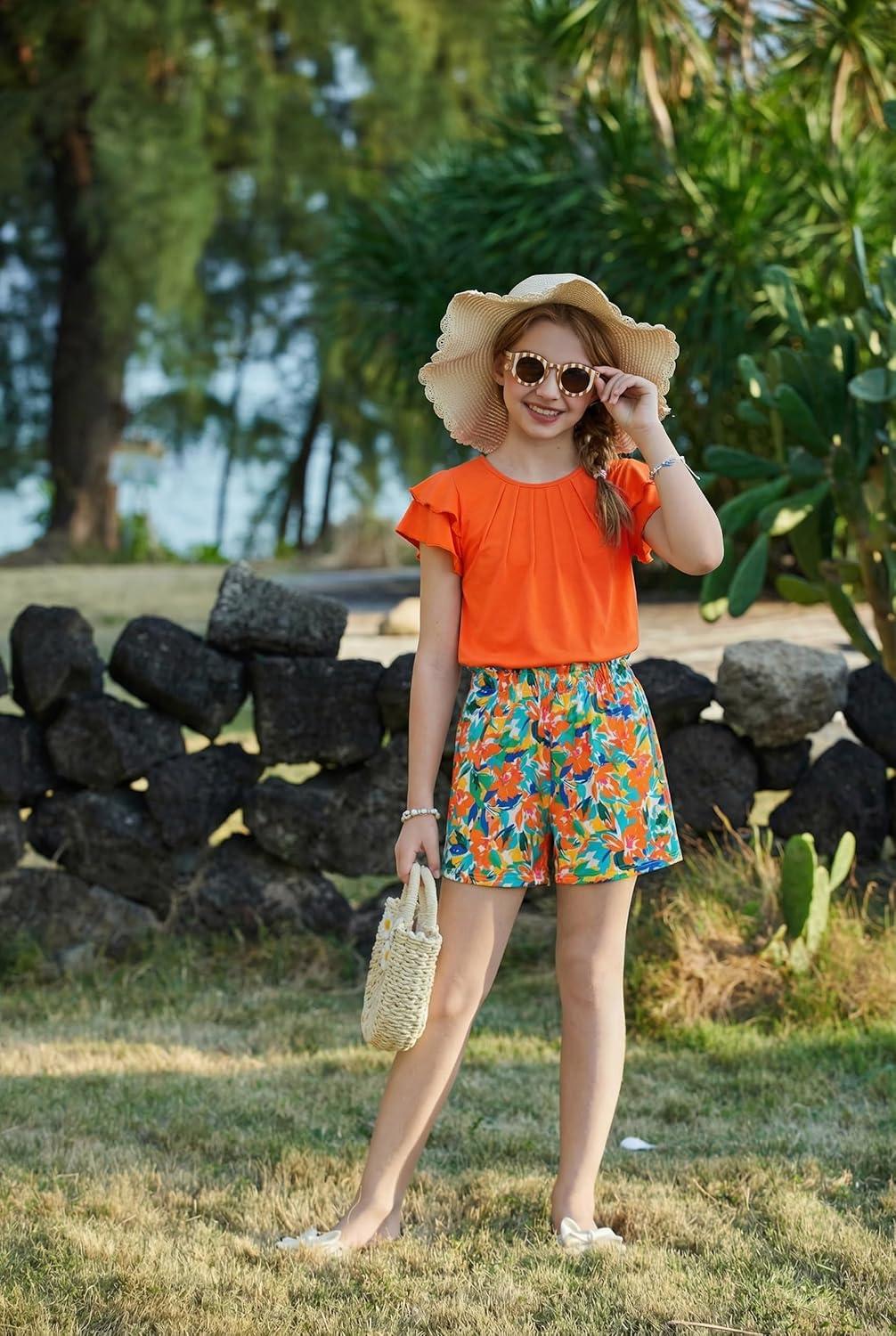 image:imageArshiner Girls 2 Piece Outfits Summer Ruffle Sleeve Top and Paperbag Waist Shorts Set with Pockets Size 513 YearsOrange Hawaii