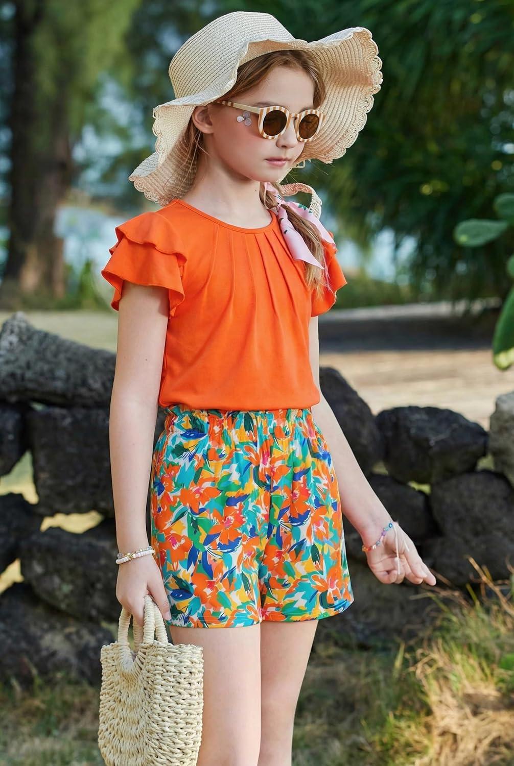 image:imageArshiner Girls 2 Piece Outfits Summer Ruffle Sleeve Top and Paperbag Waist Shorts Set with Pockets Size 513 YearsOrange Hawaii