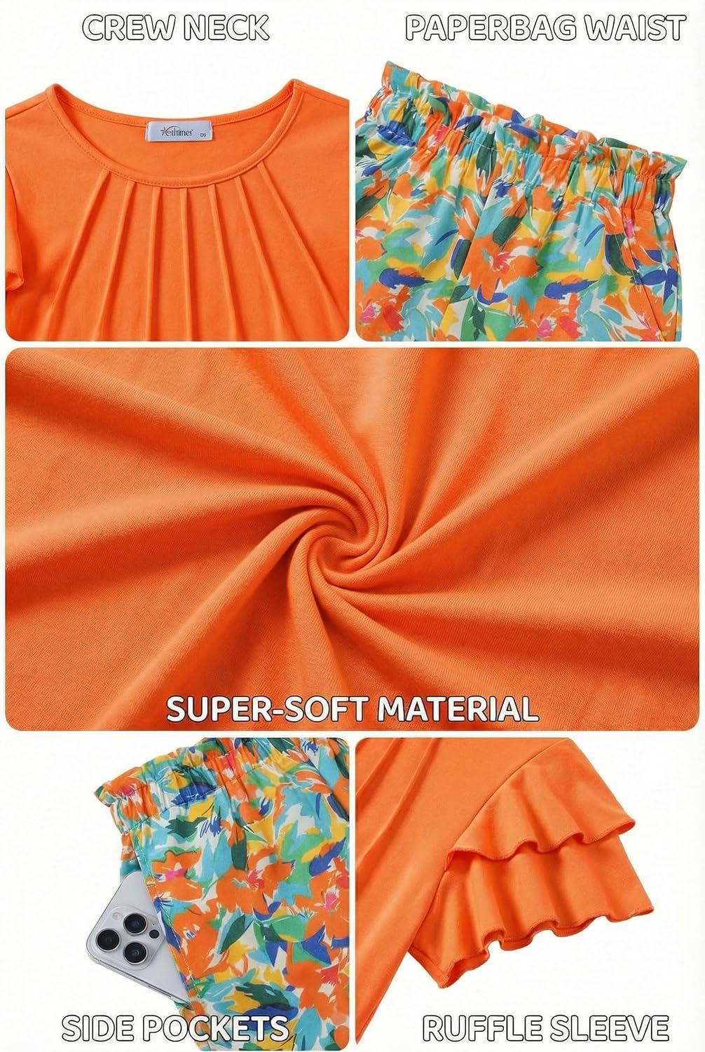 image:imageArshiner Girls 2 Piece Outfits Summer Ruffle Sleeve Top and Paperbag Waist Shorts Set with Pockets Size 513 YearsOrange Hawaii