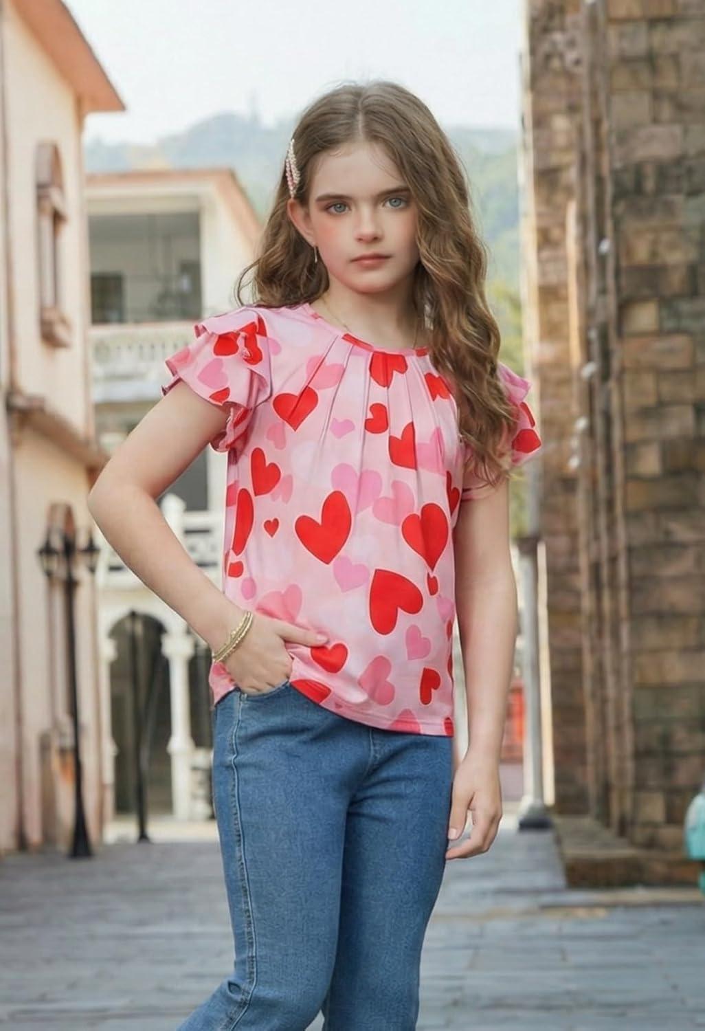 image:imageArshiner Girls 2 Piece Outfits Summer Ruffle Sleeve Top and Paperbag Waist Shorts Set with Pockets Size 513 YearsRed Heart