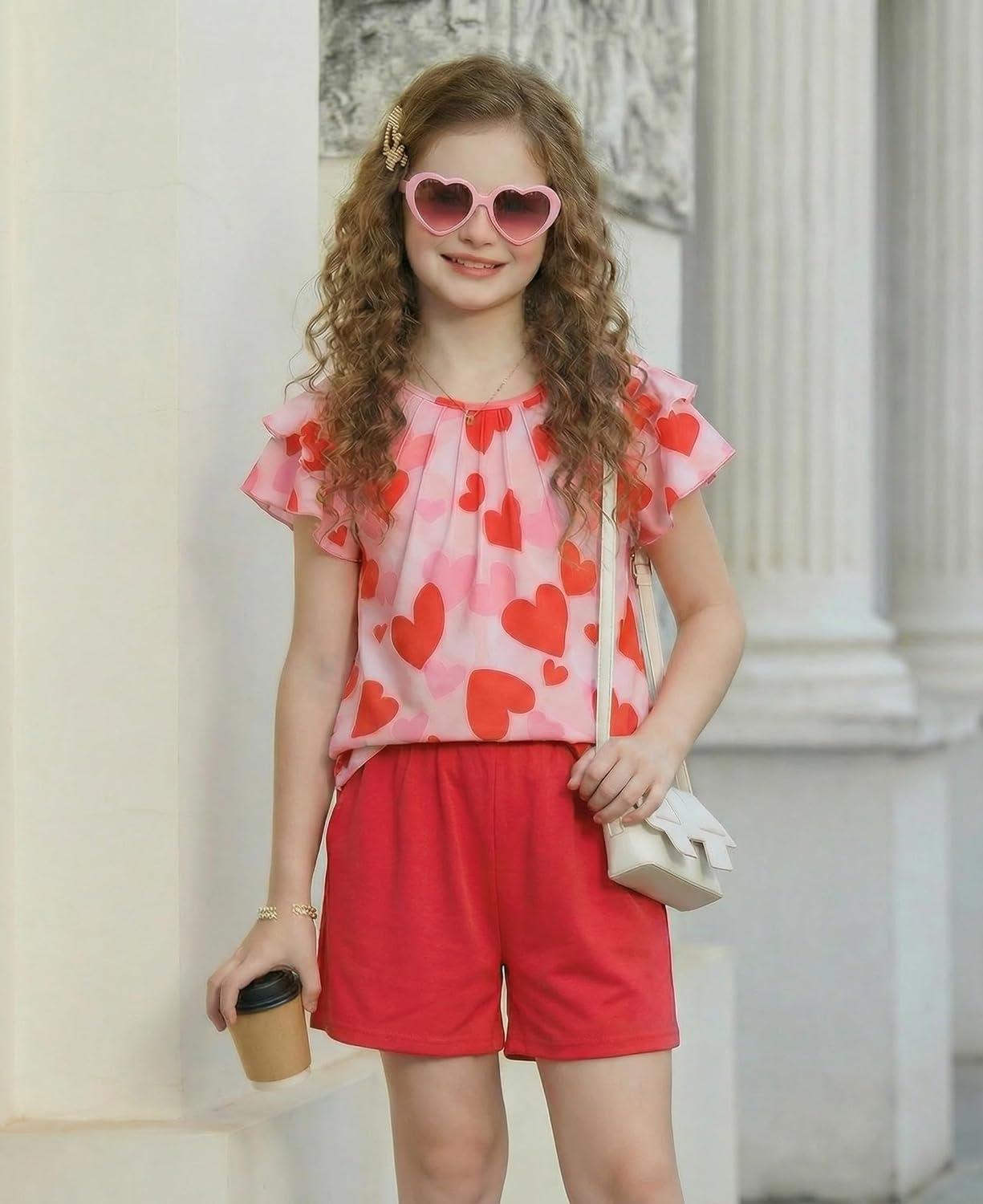 image:imageArshiner Girls 2 Piece Outfits Summer Ruffle Sleeve Top and Paperbag Waist Shorts Set with Pockets Size 513 YearsRed Heart