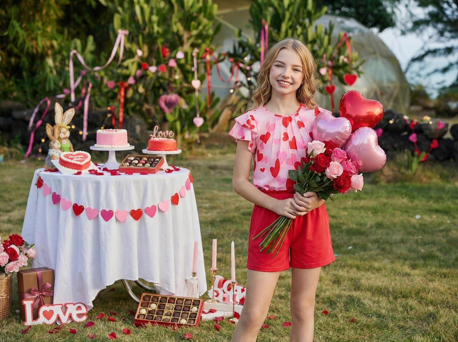 image:imageArshiner Girls 2 Piece Outfits Summer Ruffle Sleeve Top and Paperbag Waist Shorts Set with Pockets Size 513 YearsRed Heart