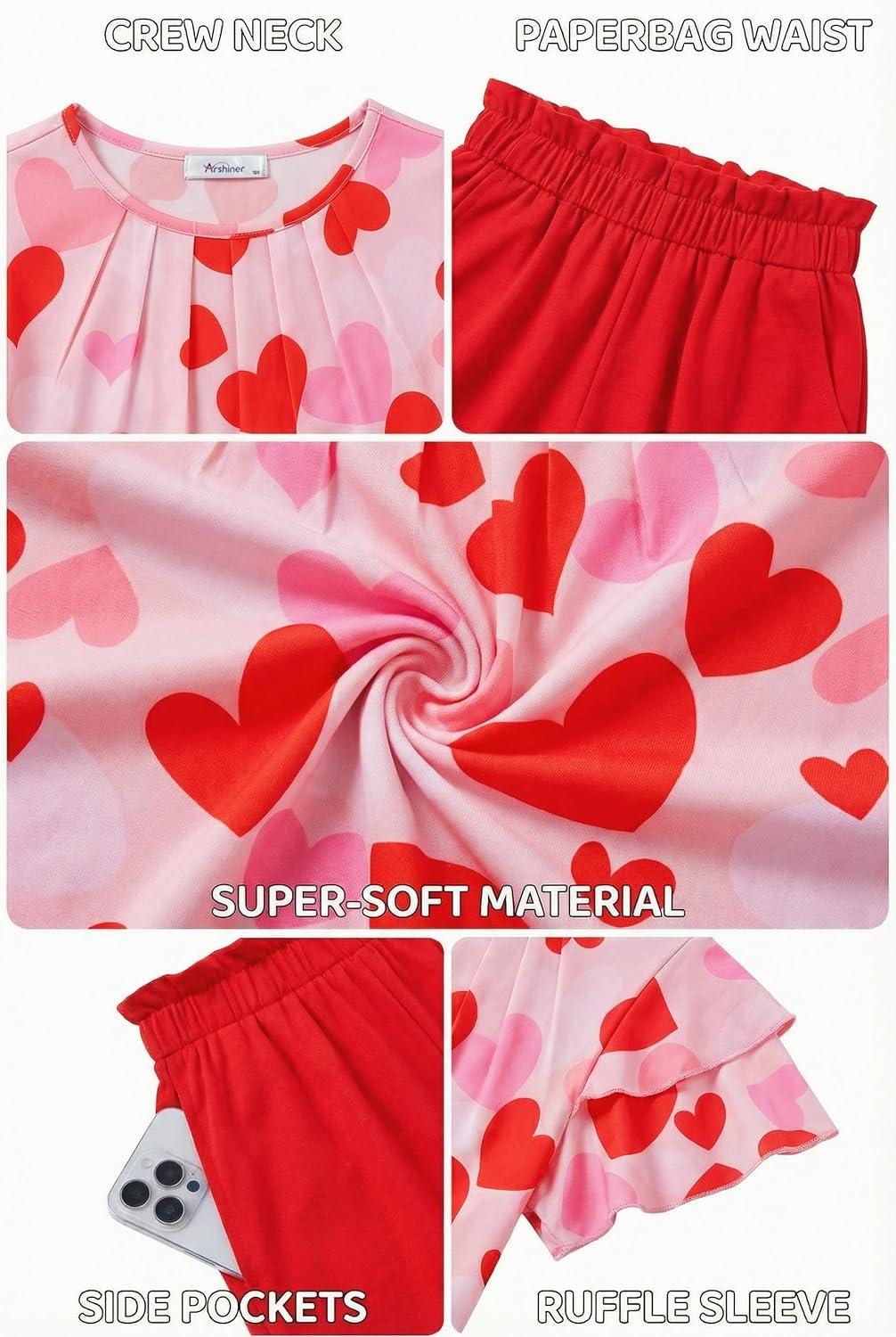image:imageArshiner Girls 2 Piece Outfits Summer Ruffle Sleeve Top and Paperbag Waist Shorts Set with Pockets Size 513 YearsRed Heart