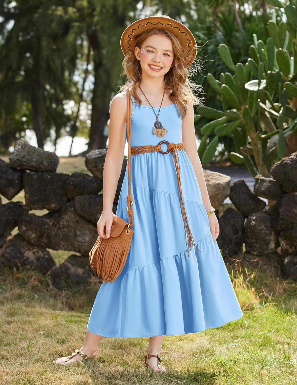 image:imageArshiner Girls Summer Dress Casual Loose Sleeveless Sundress Flowy Beach Maxi Dresses with PocketsBlue